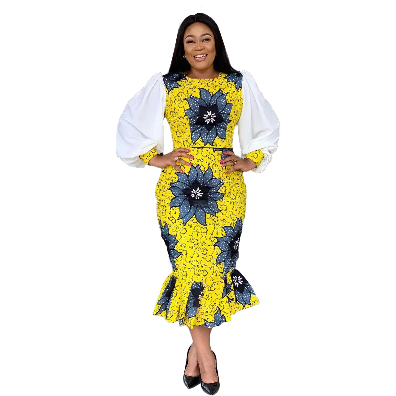 

Dresses Women Large size Fashion Printing Lantern Sleeve Trumpet / Mermaid Spring/Autumn Long Sleeve Package Hip One-step Skirt