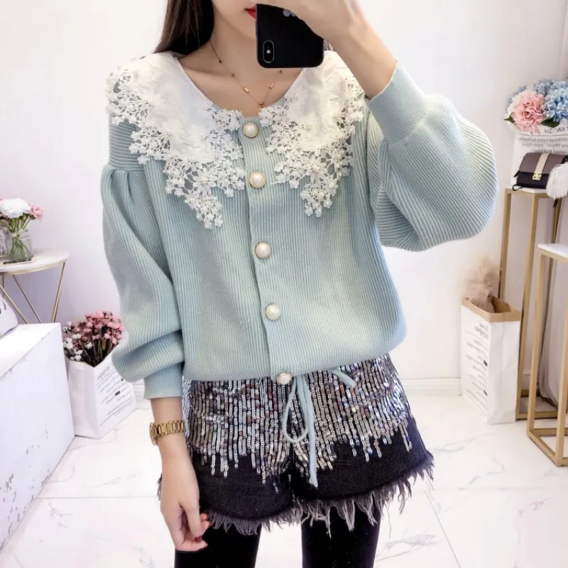 

Chic Lace Embroidered Flares Perter Pan Collar Womens Sweaters Korean Autumn New Sweet Long Sleeve Loose Fit Female Cardigans