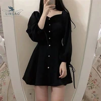 summer dress womens 2021 vintage solid daily elegant black oversized with button dress classy retro fashion charm female clothes