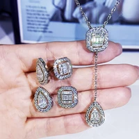 silver color dubai jewelry set bling zircon stone long chain necklace adjustable ring stud earrings for women fashion jewelry