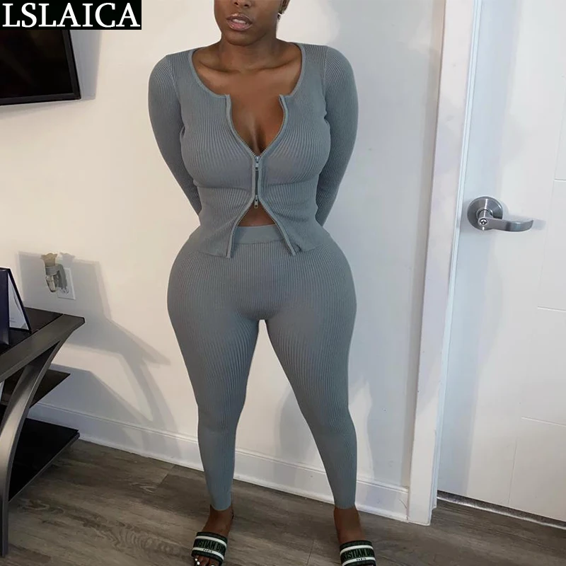 

2 Piece Set Women Autumn Casual Outfits Long Sleeve Zipper Tops Woman Pants Sets Tracksuit Sportswear Sexy Skinny Sweat Suits