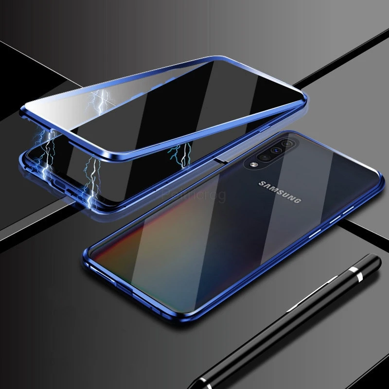 Blue Магнитный металлический чехол для samsung Galaxy A7 A8 A9 A10 A50 A60 A70 A20 A30 A40 M10 M20 M30 M40 A80 Двусторонняя стеклянная крышка - Цвет: Blue