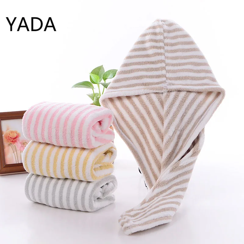 

YADA Women Towels Button Turban Bathroom Microfiber Towel Stripe Shower Cap Classic Hair Dryer Cap Bath Hat Bathing Cap TW210105