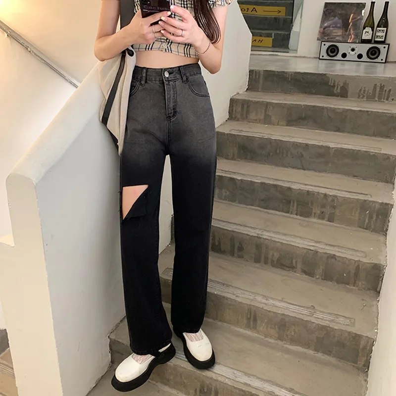 

Женские джинсовые брюки SML, рваные джинсы с высокой талией и градиентом, прямые длинные брюки в Корейском стиле, модель sy8821 на лето, 2021