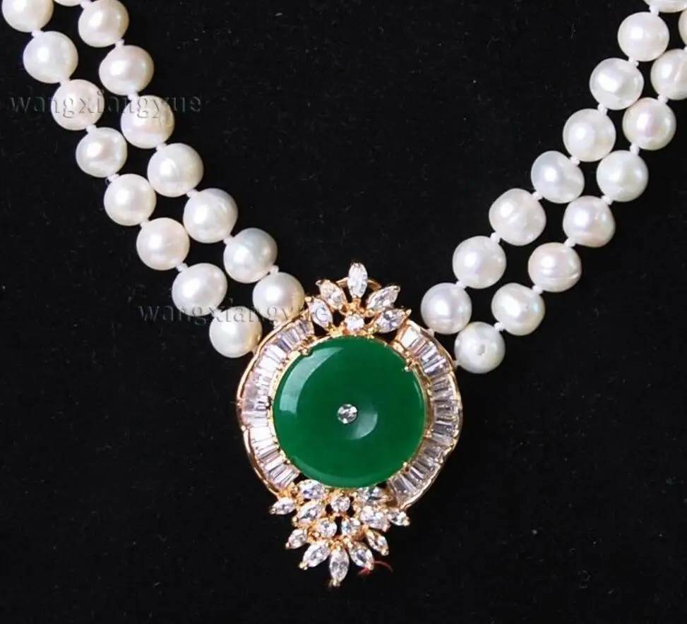 

Fashion jewelry good Beautiful 2Rows White Pearl Green Jade Pendant Necklace