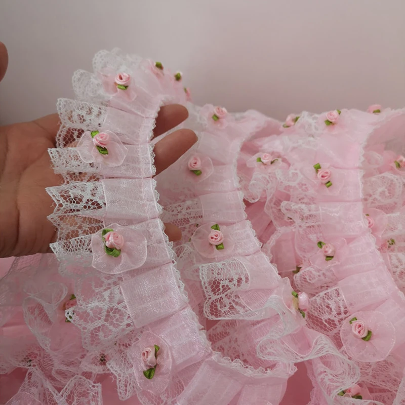 

5cm Wide Pink Folds Lace Fabric Luolita Dress DIY Trimming Crafts Sewing Accessories For Needlework 3D Flower Embroidery Ribbons