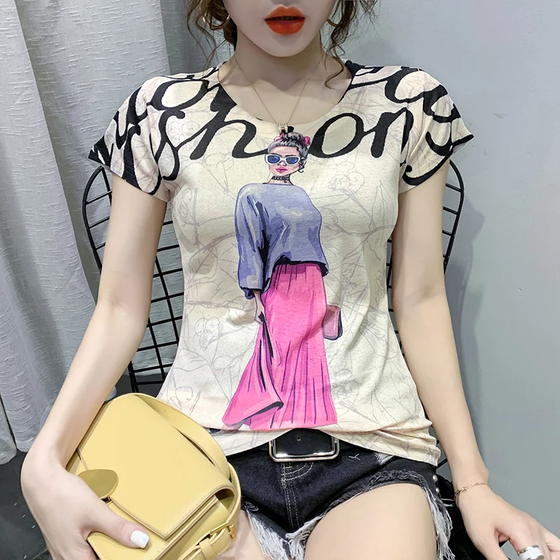 

#5952 Summer Funny T Shirt With Print Sexy Casual Vintage Short Sleeve T Shirt Women O Neck Tight Womens Tee Shirts Retro Tops