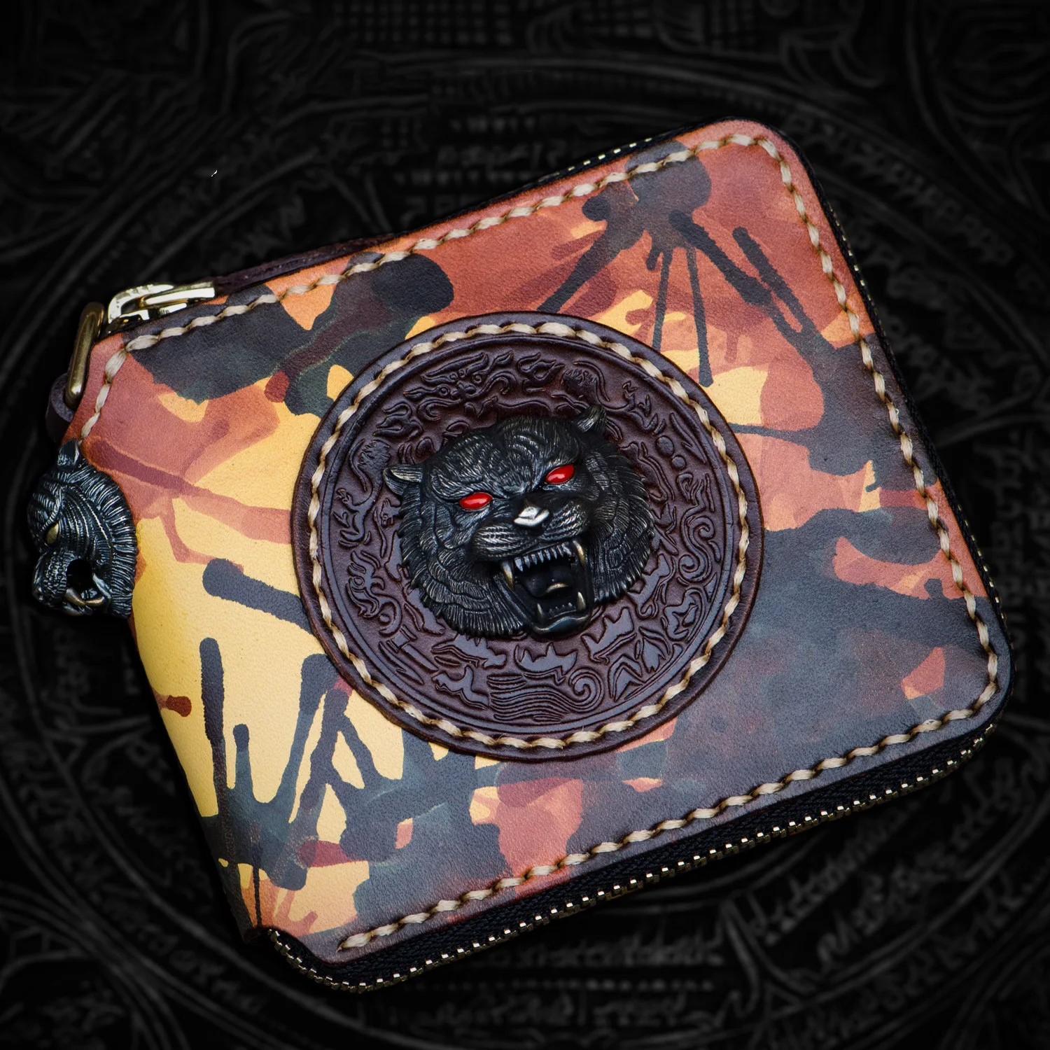 

Hand-made Short Tiger Head Camouflage Wallets Purses Women Men Clutch Vegetable Tanned Leather Thin Wallet Card Holder