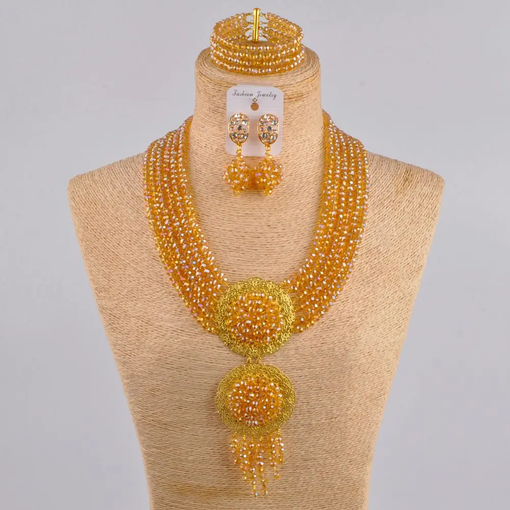 

gold african jewelry set crystal beads beaded nigerian necklace wedding jewelry sets for women 6CLS01
