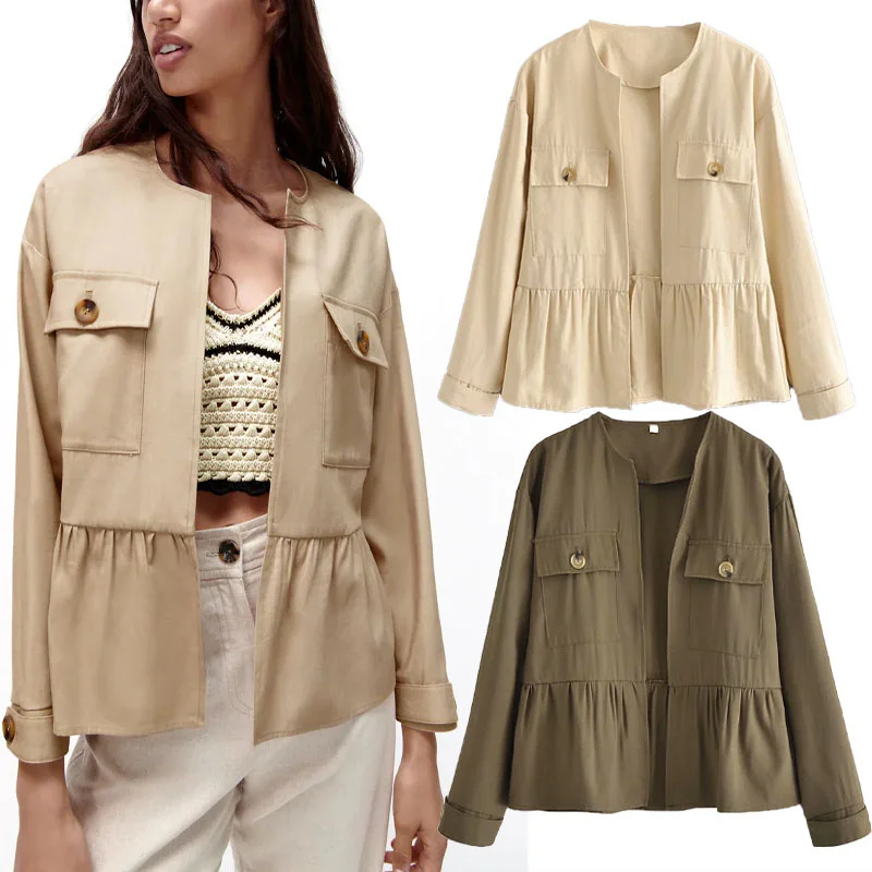 

Summer Women Za 2021 Fashion Open Front Ruffle Jacket Top Vintage Round Neck Long Sleeve Button Flounced Hem Female jacket Mujer