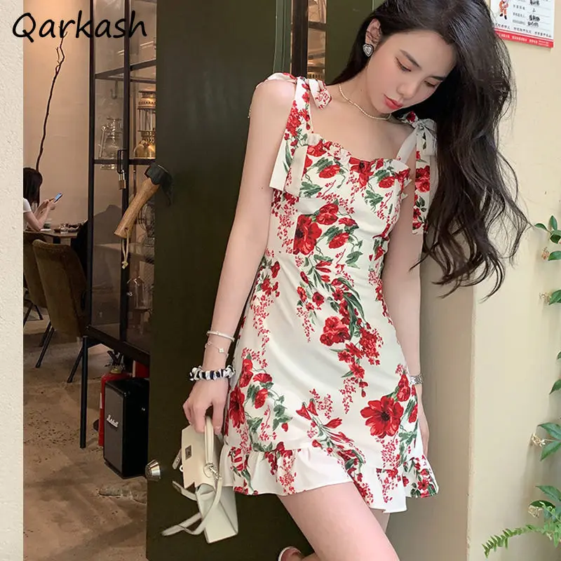 

Dresses Women Floral Retro French Style Summer Elegant Female Leisure Popular Streetwear Bowknot Design New Collection Chic Kpop