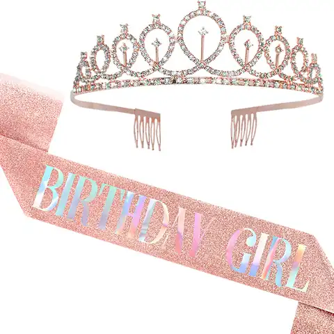 Атласная лента для дня рождения девочки, Корона из розового золота со стразами для дня рождения, для юбилея, для взрослых, товары для дня рож...