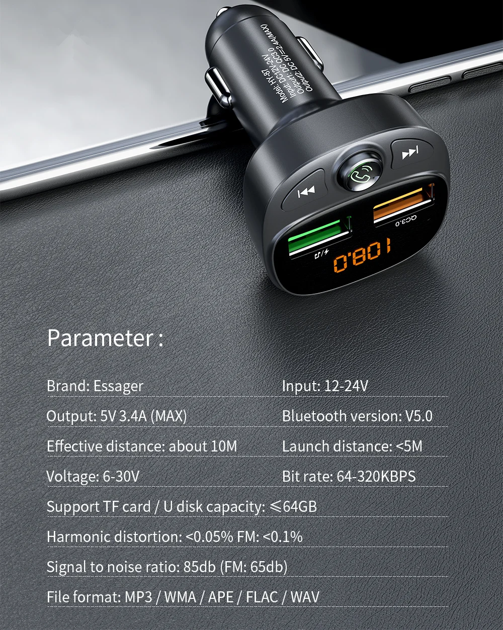 Автомобильное зарядное устройство Essager с функцией быстрой зарядки USB 3 0