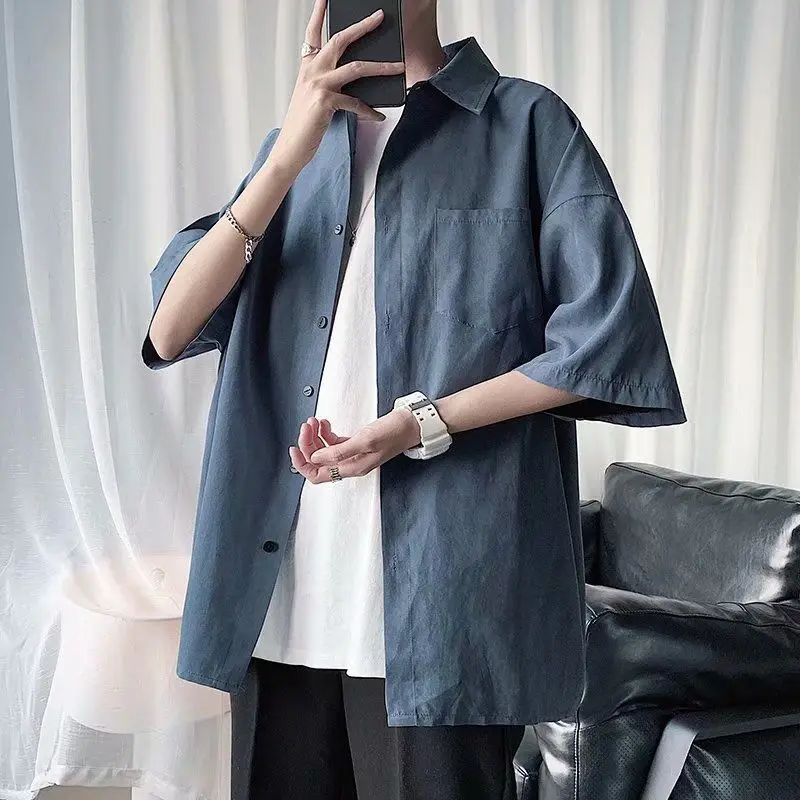 Spring Autumn Pure Shirt Men's Casual Long Sleeve Shirt High QualityMen's Casual Stand-Up Collar Loose Shirt Men tops Oversize
