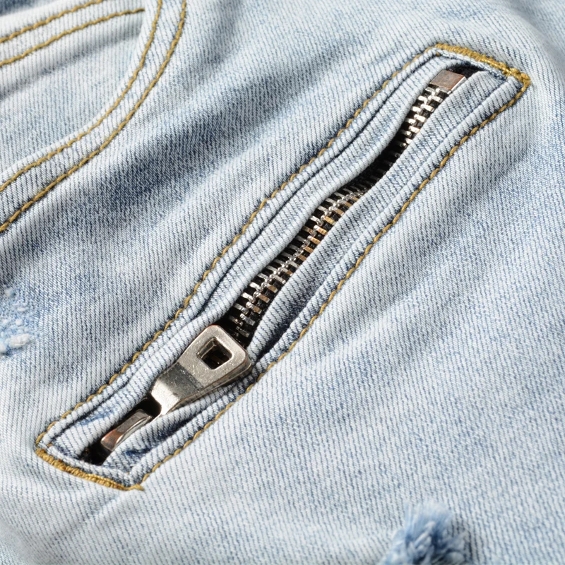 

Fashion Streetwear Men Jeans Light Blue High Quality Slim Fit Ripped Denim Punk Trousers Spliced Designer Patchwork Biker Pants