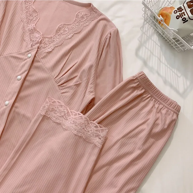 

Casual Long Sleeve Home Lounge Wear Loose Leisure Sexy Leisure Pajama Sets Solid Lace V-neck Women Sweet Cute Kawaii Sleepwear