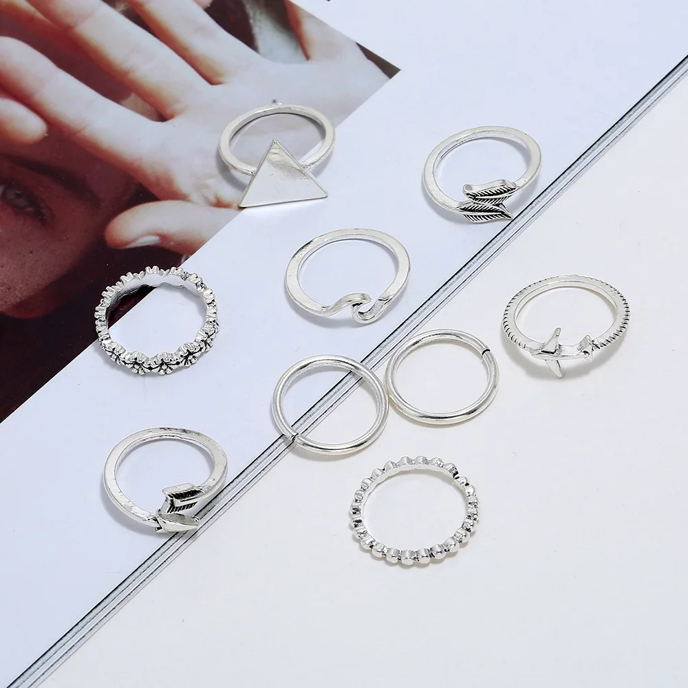 

9Pcs Vintage Rings Lady Charm Silver Color Triangle Leaf Airplane Arrow Wave Flower Silver Color Ring Set Fashion Party Jewelry