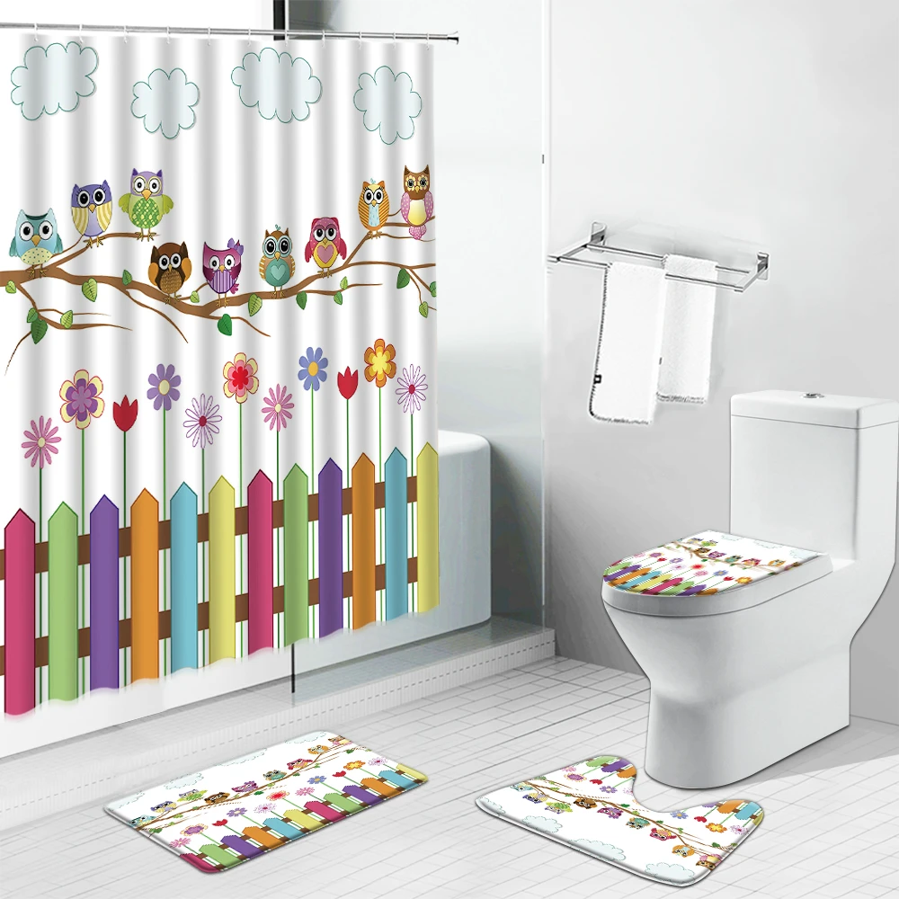 

Unicorn Cartoon Animal Bathroom Shower Curtains Owl Elephant Whale Flowers Rainbow Non-Slip Rugs Toilet Lid Cover Bath Mat Set