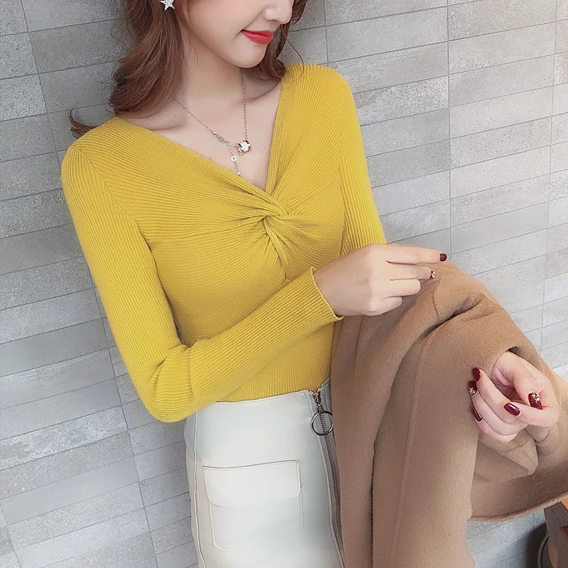 

QRWR 2020 Autumn Winter Women Sweater Fashion Sexy V Neck Casual Knitted Slim Fit Solid Color Criss Sweater Women