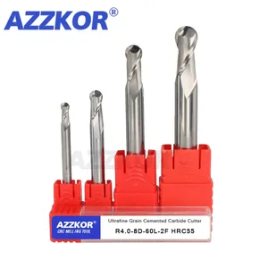 Алюминиевые концевые фрезы с шариковым концом, покрытие из сплава вольфрамовой стали, инструмент с ЧПУ для обработки Hrc55, верхняя фреза AZZKOR, Концевая фреза R1.0