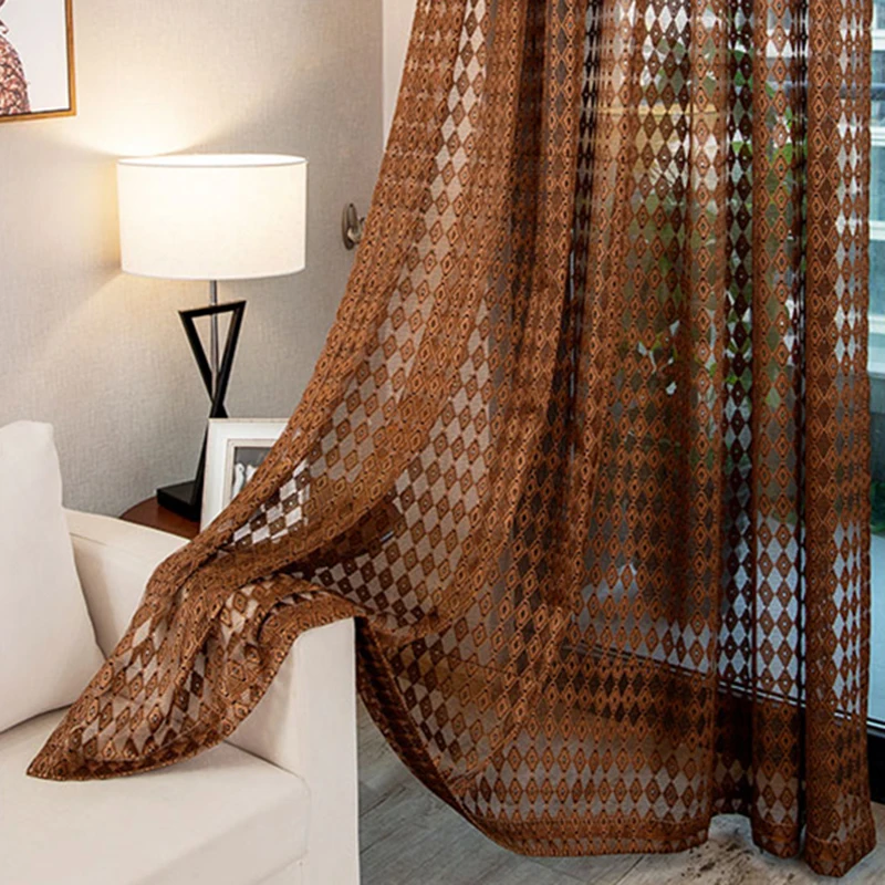 

Modern Coffee/Grey Four-Leaf Clover Birds Nest Tulle Curtains For Living Room Art Grid Yarn Bedroom Balcony Fabric Decoration 3