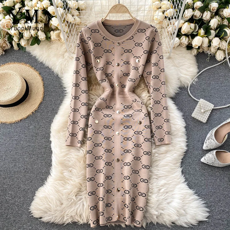 

YuooMuoo 2020 New Autumn Winter Women Knitted Dress Brand Design O-neck Buttons Bodycon Sweater Dress Elegant Lady Office Dress