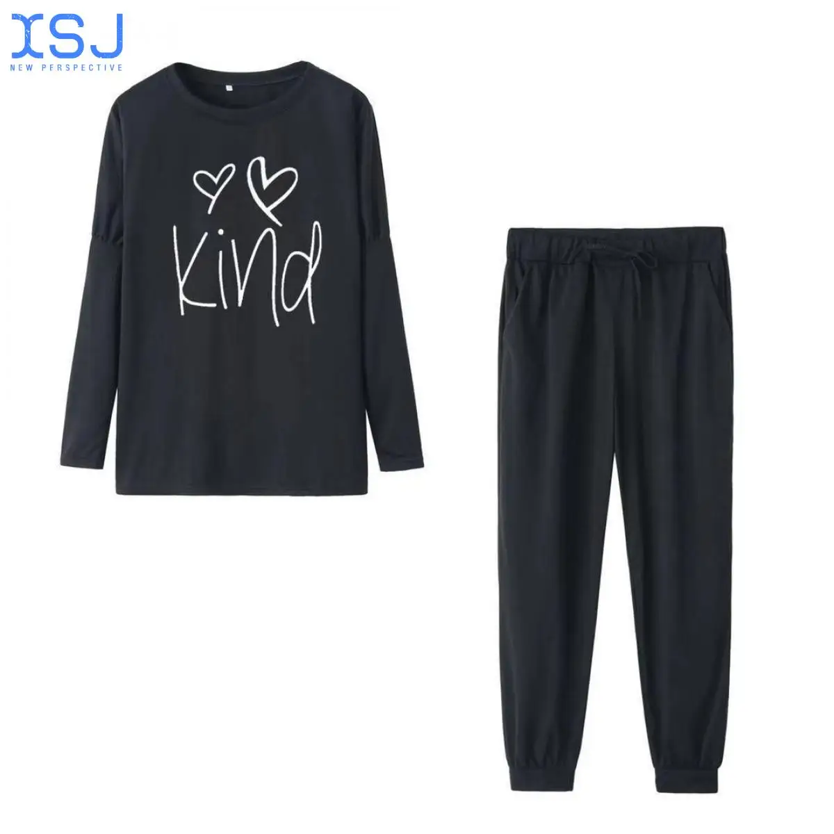 

Осенний Повседневный Спортивный костюм с брюками, СВОБОДНЫЙ Модный пуловер с принтом в виде сердечек, однотонный костюм из двух предметов