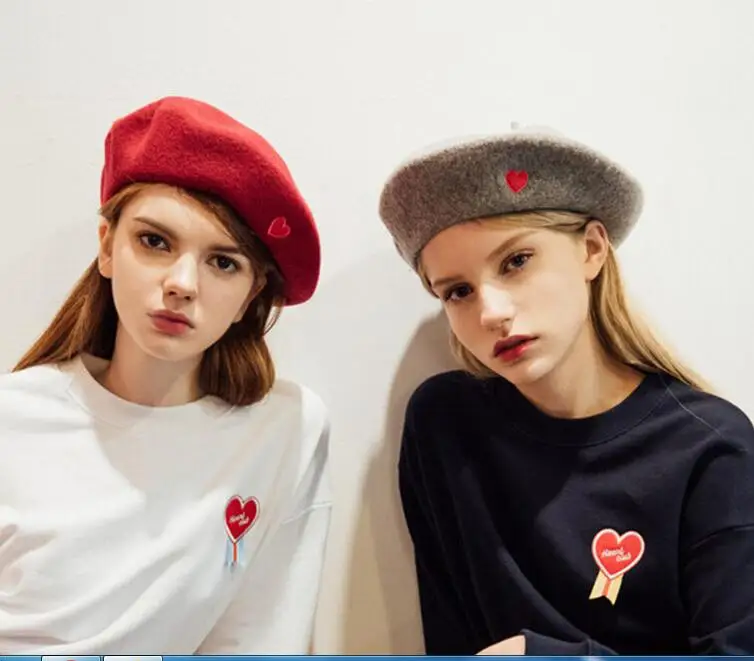 

weet Women Winter Hats with Heart Solid Black Pink Grey Artist Painter Berets for Winter Western Style Wool Beret Hats