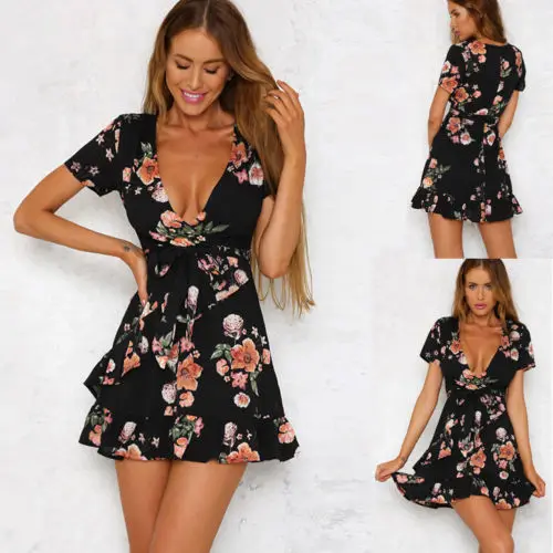 

Women Boho Floral Wrap Frill Beach Short Mini Dress Sundress Summer Fashion Casual Sexy Slim High Waist Deep V-Neck Mini Dress