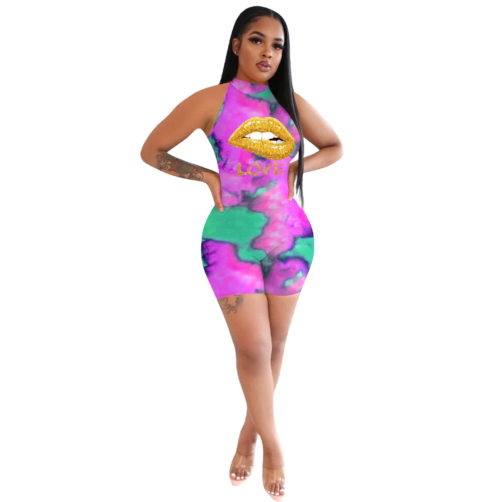 

gold mouth lip tie dye print slim playsuit women cold sholder sleeveless party club jumpsuit harajuku ladies sporty club outfits