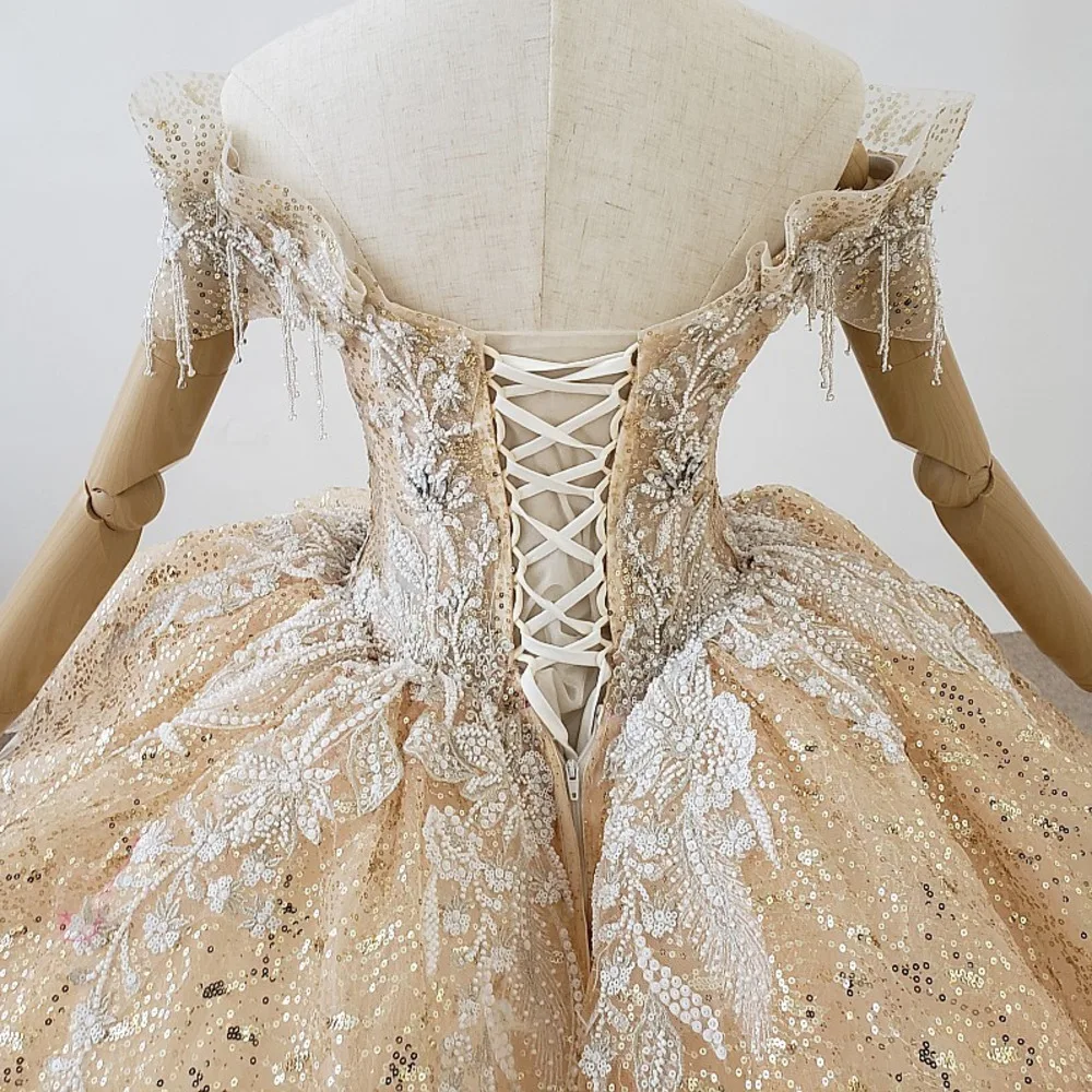 Tulle Mariage Gold Ball Gowns Wedding Dresses 2020 Sexy V Neck Off Shoulder Lace Up Beaded Corset Real Photos Puffy Bridal | Свадьбы и