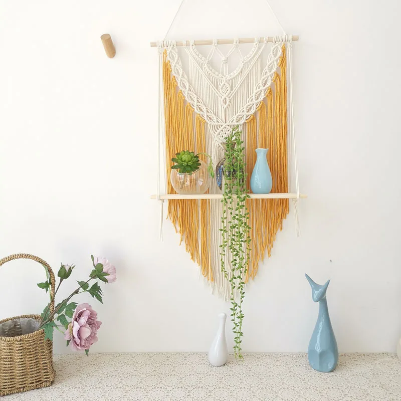 

Hand-Woven Tassel Tapestry Rack Wooden Shelves Wall Hanging for Wall Art Crafts Backdrop Home Living Room Decoration