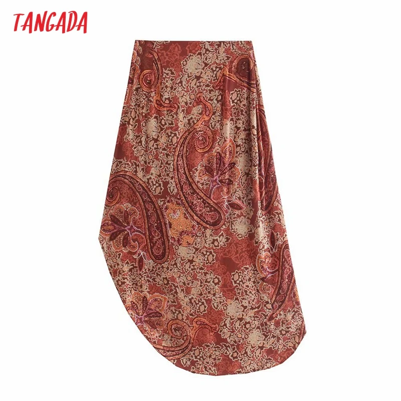 

Tangada Women Print Bow Midi Skirt Faldas Mujer Vintage Side Zipper Ladies Elegant Chic Mid Calf Skirts 3H787