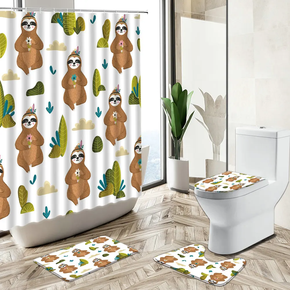 Miglior Simpatico Alpaca Tenda Da Doccia Cartone Animato Divertente Animale Bradipo Scimmia Tropicale Cactus Pianta Antiscivolo Piedistallo Tappeto Copriwater Set Da Bagno