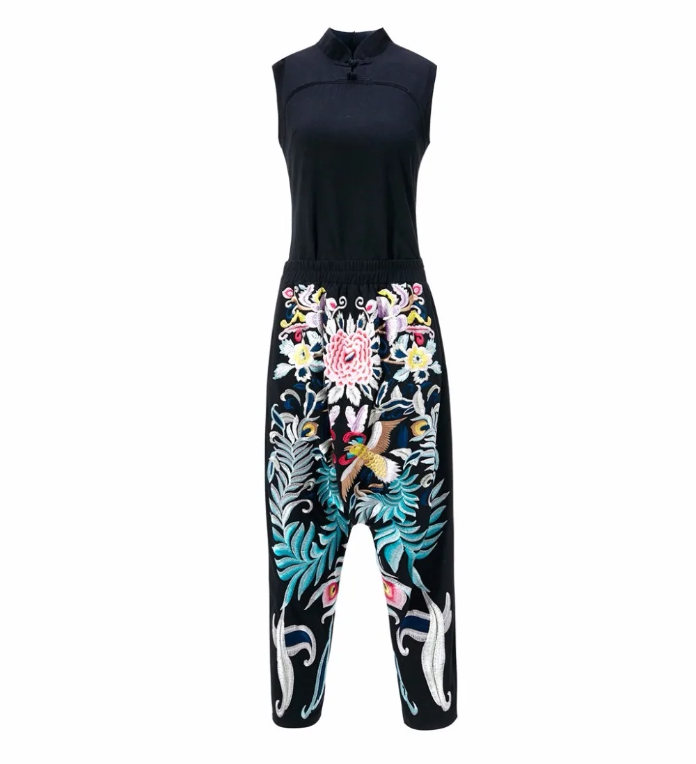 

Piece Set Two Summer Suit Women Cotton Linen Black Sleeveless Shirt Tops+Vintage Phonix Embroidery Harem Pants&Capris Set Female