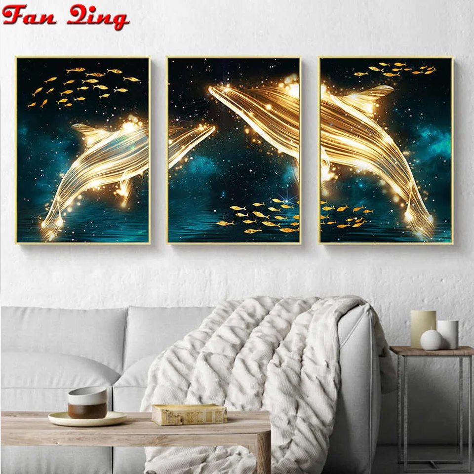 

triptych Diy Diamond Painting Abstract golden fish, sea Starry sky 5D Full Drill mosaic diamant Embroidery Wall Art 3pcs/set