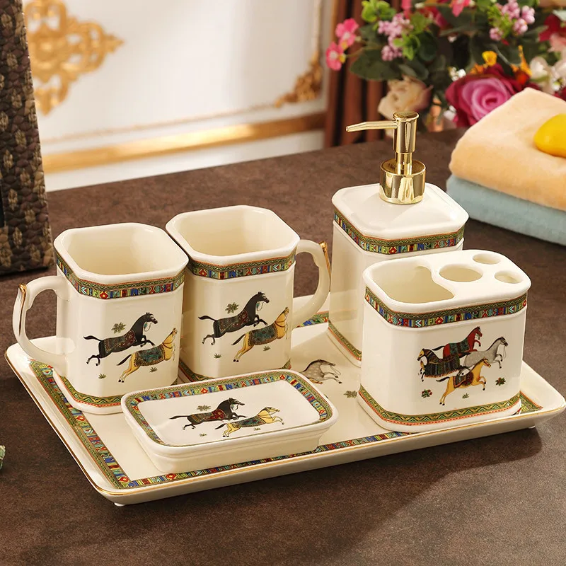 

Bathroom Accessories Set Ceramic Soap Dispenser Toothbrush Holder Gargle Cup Bathroom 5-6 Pieces Set With Tray Wedding Gifts