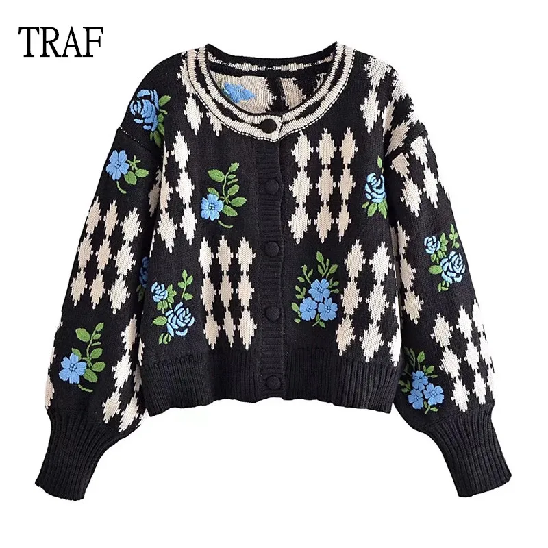 

TRAF Woman Cardigan 2022 New Vintage Embroidered Jacquard Knitted Cardigans Long Sleeve Loose Top Women Clothing Knit Jacket
