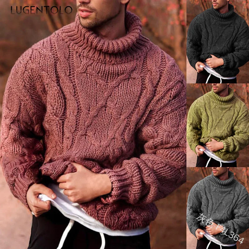 

Lugentolo Turtleneck Sweater Men Knitted Pullover Solid Autumn Winter Long Sleeve Men's Casual Loose Simple Bottoming Sweaters