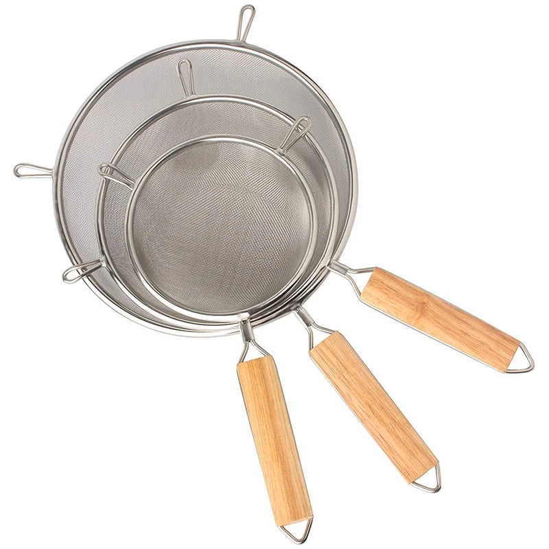 

A Set Of 3 Mesh Ultra-Fine Stainless Steel Filters With Comfortable Wooden Handles, Sizes 12Cm, 14Cm, 20Cm