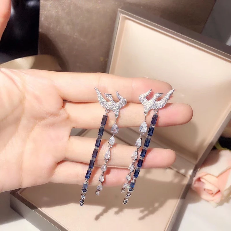 Привлекательное голубое платье квадратный Циркон Ласточка кисточкой Длинные