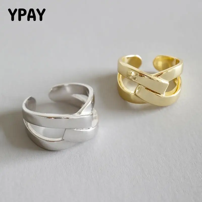 

YPAY Authentic 925 Sterling Silver X Shape Crossed Open Rings for Women Korean Wide Finger Ring Fine Party Jewelry Gifts YMR509