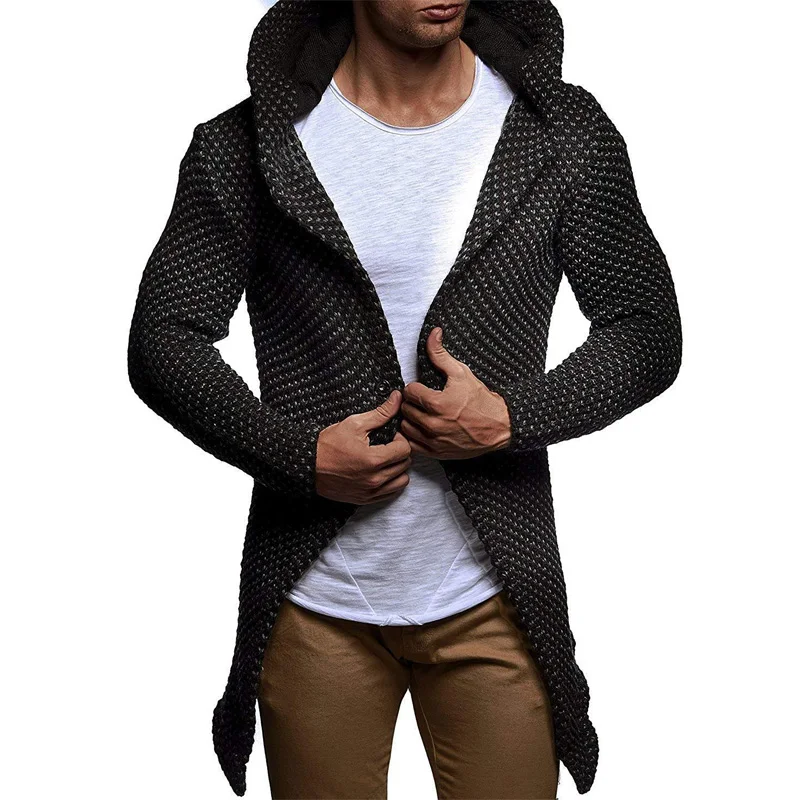 Spring new sweater men's fashion solid color Slim casual hooded wool coat autumn Long cardigan sweater Men's clothing