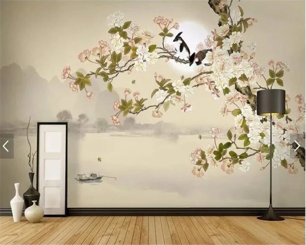 Настенные 3D обои на заказ фрески с изображением магнолии цветов птицы бабочки