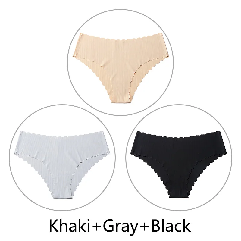 Khaki Gray Black 3 шт./партия, сексуальные бесшовные трусики с оборками для женщин, полосатые трусы с низкой посадкой, цельное нижнее белье, женское нижнее белье, американский размер xs-l - Цвет: Khaki Gray Black