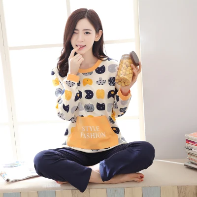 women pajama set Пижама для отдыха и сна, топ с длинными рукавами+ длинные штаны, Женский пижамный комплект, мультяшная Пижама, Хлопковая пижама для женщин, Размеры M, L, XL, XXL, XXXL - Цвет: women pajama set