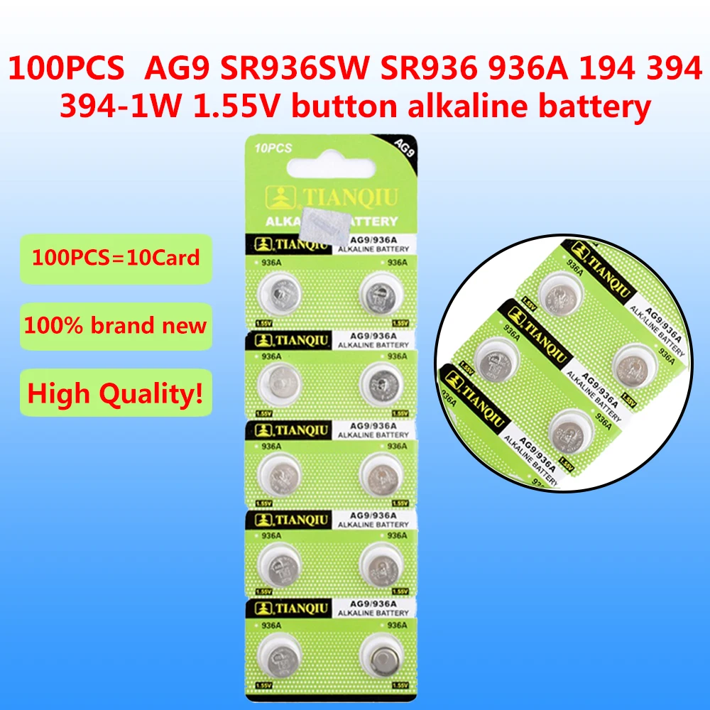 

100PCS AG9 SR936SW SR936 936A 194 394 394-1W 1.55V button alkaline battery