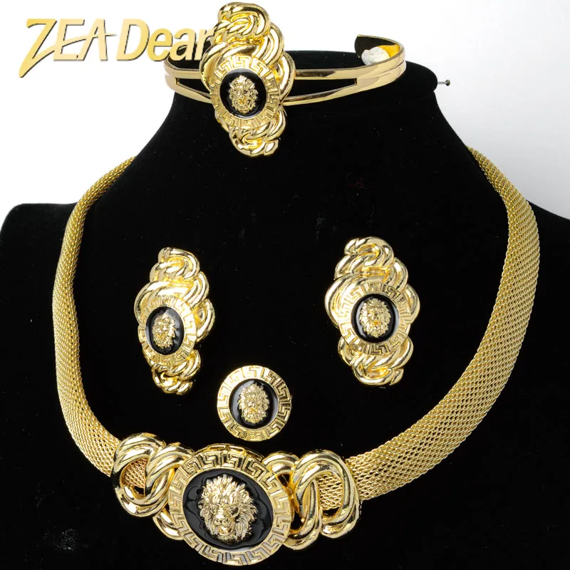 ZEADear Schmuck Sets Lion Kopf Schwarz Öl Gold Gepflanzt Ohrringe Halskette Armband Ring Für Frauen Klassische Trendy Täglichen Verschleiß Partei