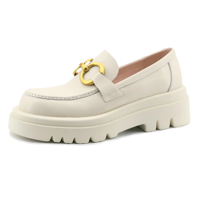 

Cow Leather Chunky Shoes Metal Chain Loafers Women Slip On Round Toe Autumn Female Jagged Sole Flats Handmade Size 41 42