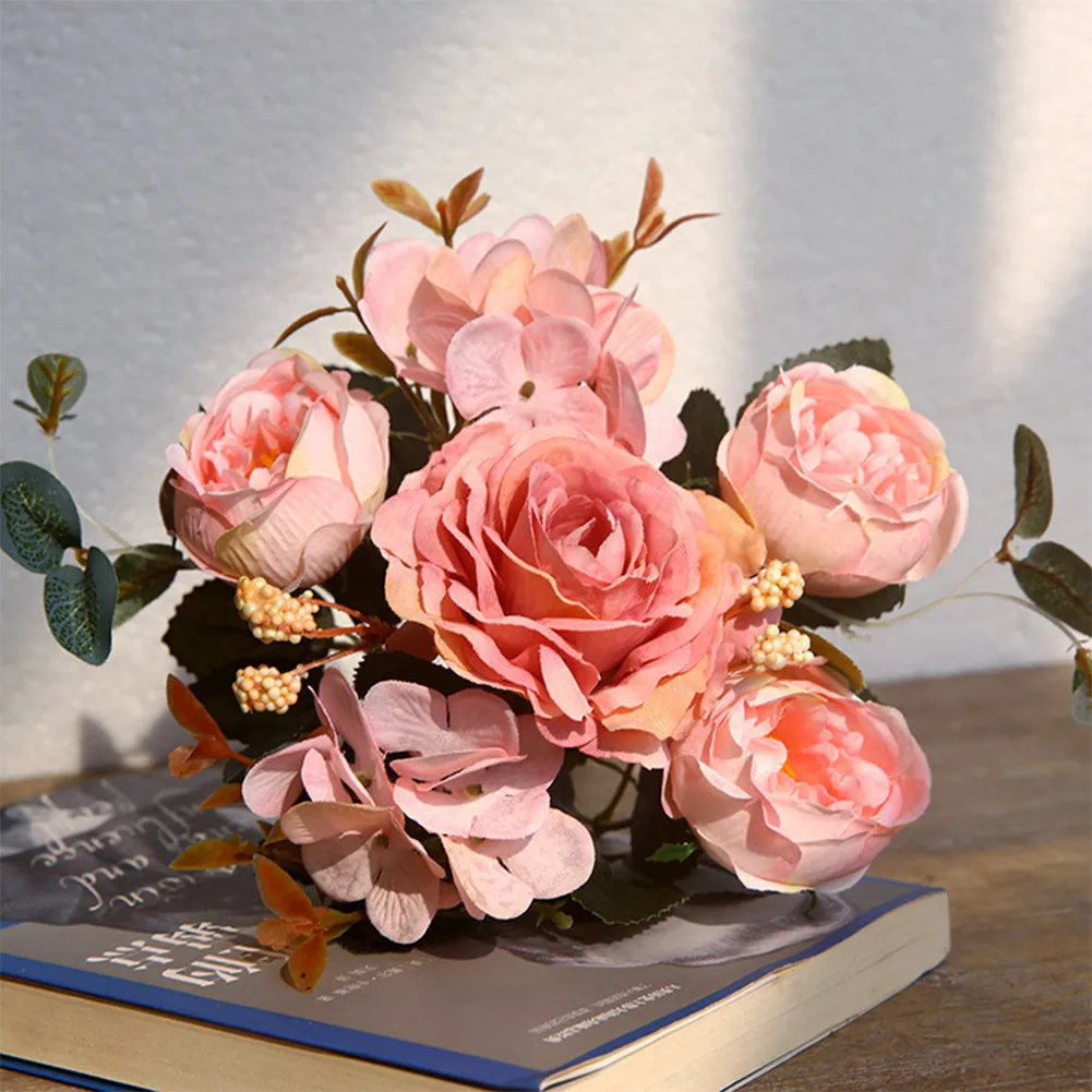 

Bunch Rose Pink Silk Bouquet Peony Artificial Flowers Fake Flowers Faux Bud Bride Wedding Home Living Room Party Decoration
